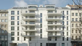 Moderne weiße Fassade eines Neubaus mit zahlreichen Balkonen und großen Fenstern in urbaner Umgebung.