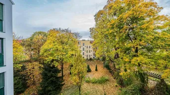 Blick auf einen grünen Innenhof mit herbstlichen Bäumen und Laub auf dem Boden.