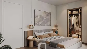 Modernes Schlafzimmer mit hellem Holzboden, integriertem Kleiderschrank und stilvoller Beleuchtung.