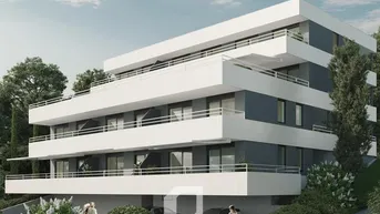 Modernes Mehrfamilienhaus mit weißer und grauer Fassade, großzügigen Balkonen und moderner Architektur.
