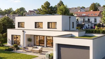 Moderne Architektur mit Flachdach, großer Terrasse, Garten und integrierter Garage.