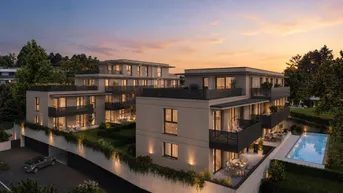 Moderne Wohngebäude mit mehreren Terrassen und einem Poolbereich bei Sonnenuntergang.