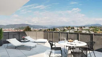 Geräumige Dachterrasse mit modernen Lounge-Möbeln und weitem Blick über die Landschaft.