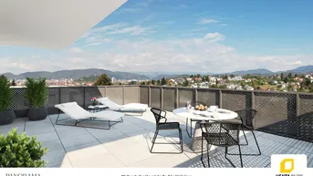 Großzügige Dachterrasse mit Lounge-Möbeln und Panoramablick über die Stadt und Berge.