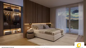 Modernes Schlafzimmer mit Holzakzenten, Einbauschrank und Zugang zu einem Balkon mit Bergblick.