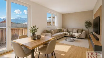 Heller Wohn- und Essbereich mit Holzboden, Zugang zum Balkon und Bergblick.