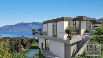 Moderne Architektur mit mehreren Terrassen und Balkonen, die einen weiten Blick auf den See und die umliegende Landschaft ermöglichen.