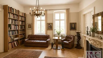 Elegantes Wohnzimmer mit Fischgrätparkett, einem großen Bücherregal, Kronleuchter und einem klassischen Kamin.