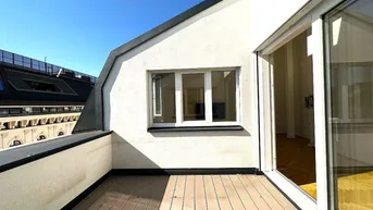 Expose BÖRSE-NÄHE, klimatisiertes 98 m2 Dachgeschoss mit 9 m2 Terrasse, 3 Zimmer, Extraküche, 2 Bäder, Gonzagagasse