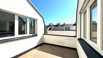 Expose BÖRSE-NÄHE, klimatisiertes 98 m2 Dachgeschoss mit 9 m2 Terrasse, 3 Zimmer, Extraküche, 2 Bäder, Gonzagagasse