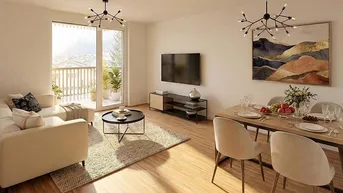 Heller Wohn- und Essbereich mit Holzboden, modernem Dekor und Zugang zum Balkon.