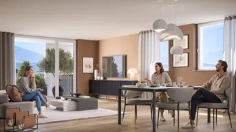 Heller, offener Wohn-Essbereich mit Holzboden, modernem Mobiliar und Zugang zum Balkon mit Bergblick.