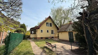 Gelbes Einfamilienhaus mit Satteldach, separatem Nebengebäude und Gartenbereich unter blauem Himmel.