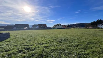Weitläufiges grünes Feld mit Häusern im Hintergrund unter blauem Himmel und Sonnenschein.