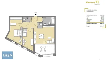 Grundriss einer 3-Zimmer-Wohnung mit Loggia und offenem Wohn-Essbereich.