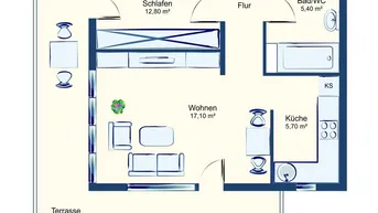 Grundriss einer Wohnung mit Schlafzimmer, Wohnzimmer, Küche, Bad und großer Terrasse.