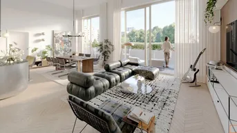 Helles, offenes Wohn-Esszimmer mit großen Fenstern, die auf eine Terrasse und ins Grüne blicken.