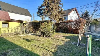 Sonniger Gartenbereich mit Rasenfläche, Bäumen und einem kleinen Wasseranschluss.