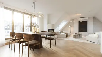 Lichtdurchfluteter Wohn- und Essbereich mit Kamin, großen Fenstern und Holzboden.