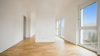 Heller, leerer Raum mit Holzboden und großen Fenstern mit Bergblick.