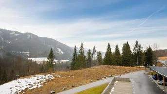 Panoramablick auf eine bergige Landschaft mit Wald und teilweise schneebedeckten Hängen.