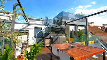 Expose LUXUS DACHGESCHOSS - 4 Zimmer - 360° BLICK - ca. 204m² gew. NFL - ca. 50m² Terrassen - hochwertige Ausstattung - Einbauküche - 2 Garagenplätze - Rochusmarkt - Grüner Prater - 3+2 Jahre befristet
