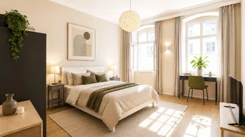 Helles Schlafzimmer mit Doppelbett, Holzboden und zwei großen Fenstern, die viel Tageslicht hereinlassen.