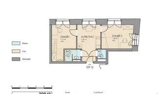 Grundriss einer 2-Zimmer-Wohnung mit Bad und separatem WC.