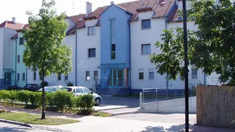 Modernes Wohngebäude mit blauer Fassadenakzentuierung, Mansarddach und gepflegter Außenanlage.