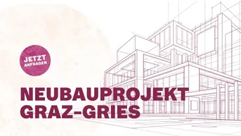 Architektonische Skizze eines modernen Neubauprojekts in Graz-Gries mit klaren Linien und großen Fensterflächen.
