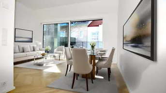 Heller Wohn-Essbereich mit modernem Design, Parkettboden und Zugang zu einem französischen Balkon.