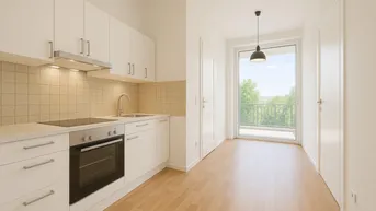 Moderne Einbauküche mit weißen Schränken, integrierten Geräten und Zugang zu einem Balkon.