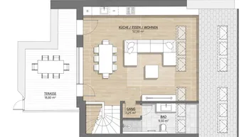 Grundriss der unteren Etage mit offenem Wohnbereich, Bad und großer Terrasse.