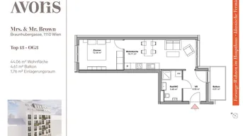 Grundriss einer Wohnung mit offenem Wohn-Essbereich, einem Schlafzimmer und Balkon.
