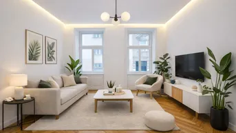 Helles, modernes Wohnzimmer mit Fischgrätparkett, bequemen Möbeln und indirekter Deckenbeleuchtung.