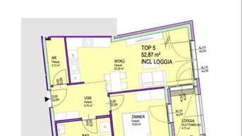 Grundriss der Wohnung TOP 5 mit 52,87 m² Wohnfläche inklusive Loggia.