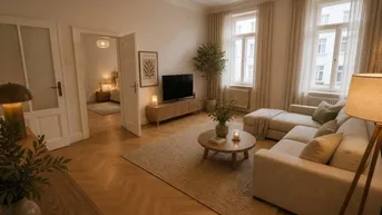 Helles Wohnzimmer mit beigem Sofa, Holzboden und hohen Decken, das zu einem Schlafzimmer führt.