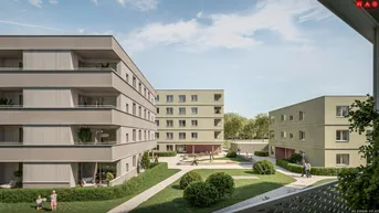 Moderne Wohngebäude mit grünen Außenanlagen und einem gemeinschaftlichen Spielplatzbereich.