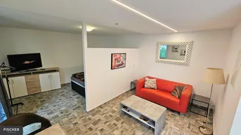 Heller Wohnbereich mit rotem Sofa, Fernseher und abgetrenntem Schlafbereich in einem Studio-Apartment.