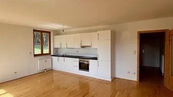Offener Wohnbereich mit integrierter weißer Küchenzeile und Parkettboden, ideal für geselliges Beisammensein.