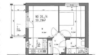 Grundriss einer Wohnung mit separater Küche, Wohnzimmer, Schlafzimmer und Balkon.