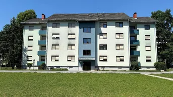 Mehrfamilienhaus mit hellgrüner Fassade und blauen Akzenten, umgeben von Grünflächen.