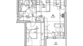 Grundriss einer Wohnung mit offenem Wohnbereich, Schlafzimmer, Bad und Loggia.