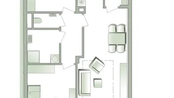 Grundriss einer Wohnung mit offenem Wohnbereich, Schlafzimmer und Balkonzugang.
