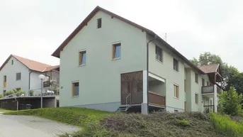Mehrfamilienhaus mit hellgrüner Fassade und Balkonen in ländlicher Umgebung, umgeben von Grünflächen.