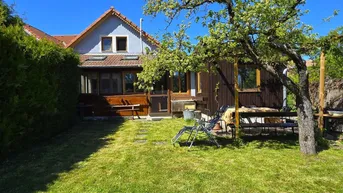 Gartenbereich mit Rasenfläche, Obstbaum und Blick auf die Rückseite des Hauses.