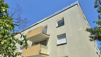 Mehrfamilienhausfassade mit mehreren Balkonen und umgebenden Bäumen unter blauem Himmel.