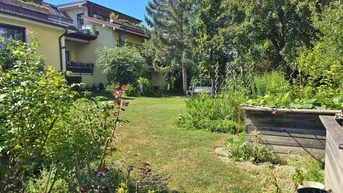 Grüner Gartenbereich mit Rasenfläche und Hochbeet vor einem Wohngebäude.