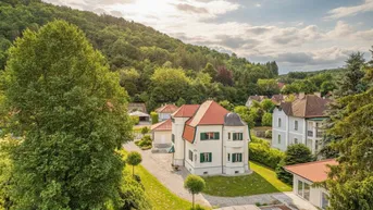Herrschaftliches Anwesen mit rotem Dach, umgeben von viel Grün und einem Whirlpool auf der Terrasse.