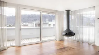 Heller Wohnbereich mit Holzboden, raumhohen Fenstern und einem modernen hängenden Kamin.